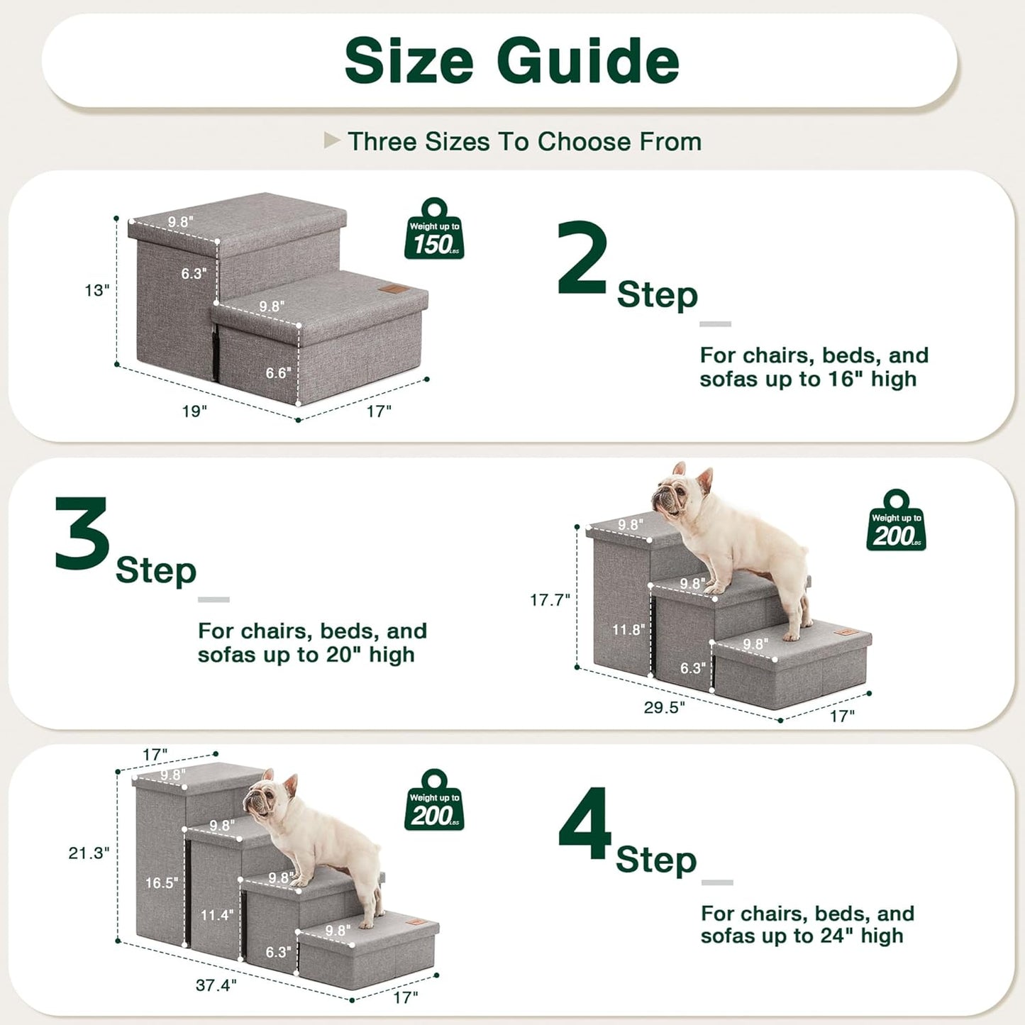 Dog Stairs for High Bed 18"H,Foldable Pet Stairs for Small Medium or Large Dogs Puppy with Storage for Bed or Couch, Cat Dog Steps Ramp with Zip up to 200 Lbs(Solid Grey,3 Steps No Condo)
