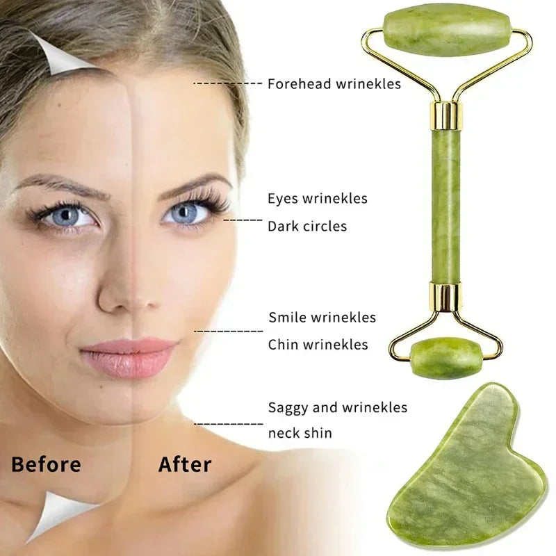Natural Jade Roller & Gua Sha Set – Face Lifting & Anti-Wrinkle Massager