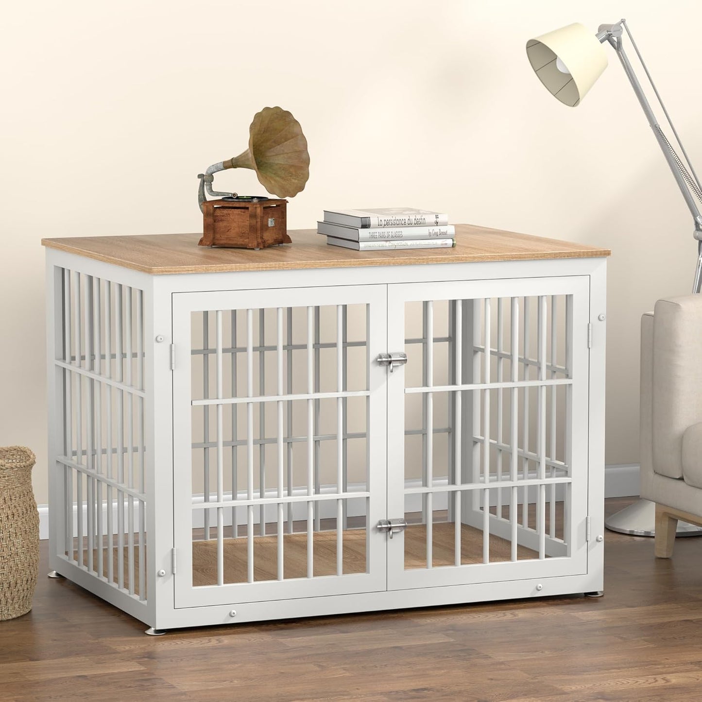 PawHaus™ XL Dog Crate Furniture – 42" Decorative Wooden Kennel & End Table (Natural/White)