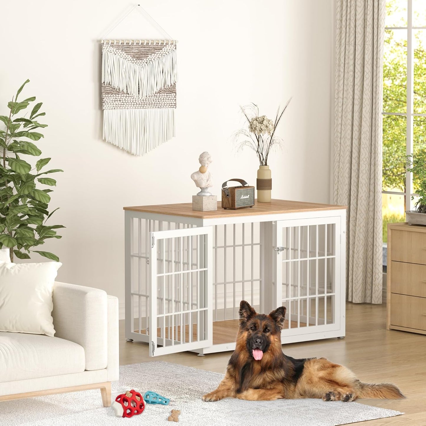 PawHaus™ XL Dog Crate Furniture – 42" Decorative Wooden Kennel & End Table (Natural/White)