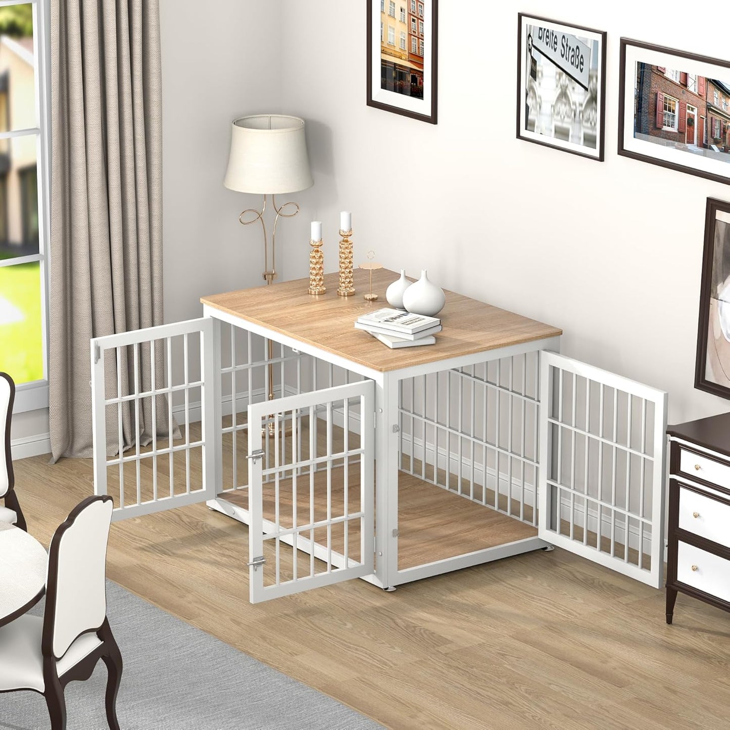 PawHaus™ XL Dog Crate Furniture – 42" Decorative Wooden Kennel & End Table (Natural/White)