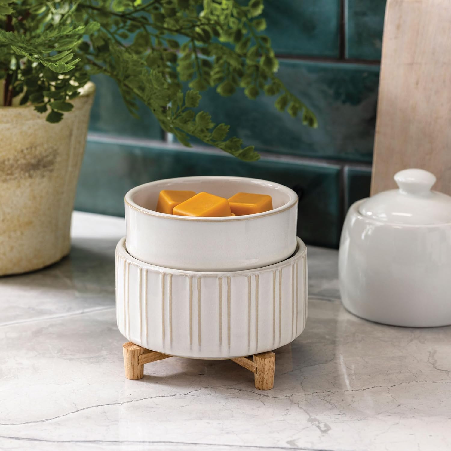 Dual Scent Warmer – Ceramic Glow with Wood Accent