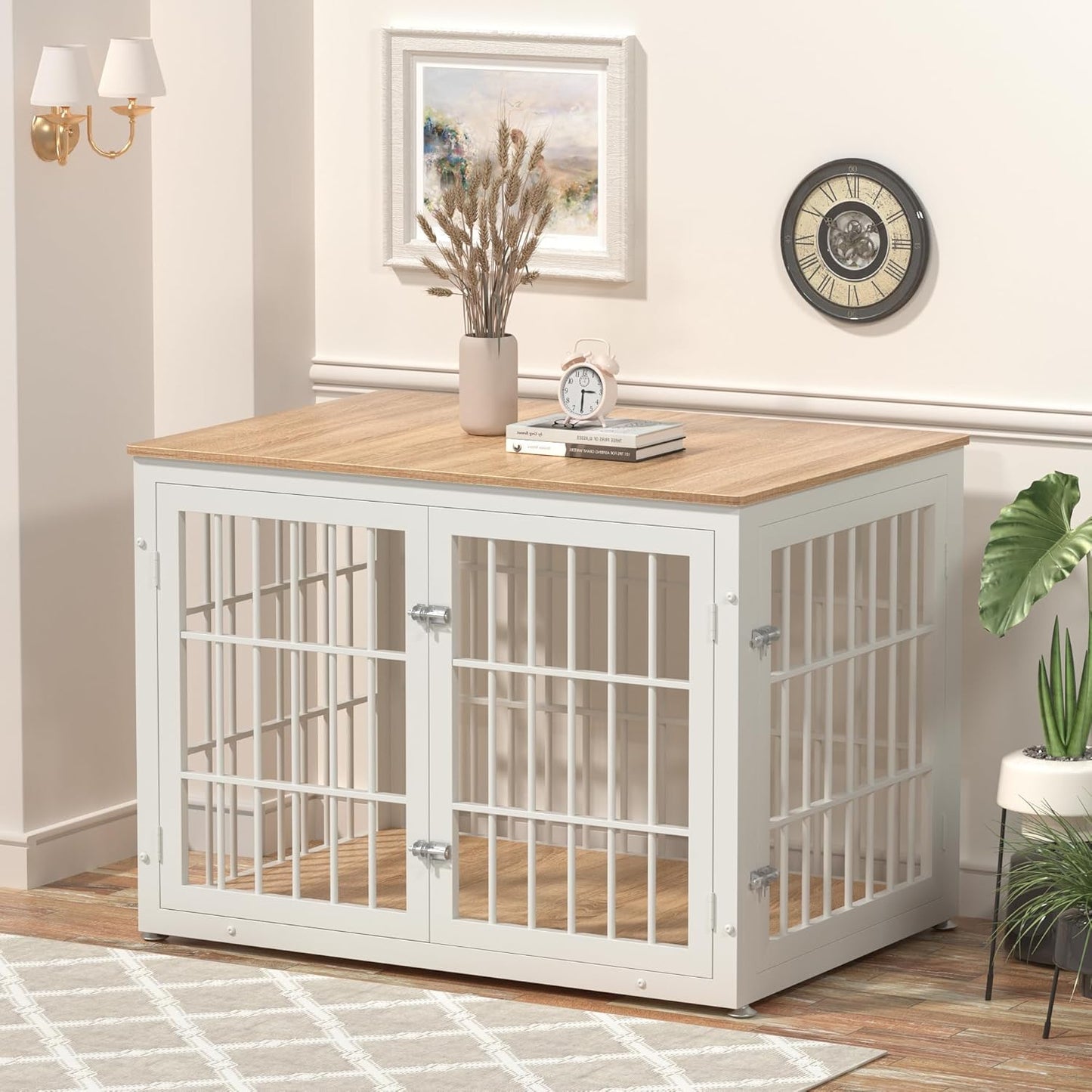 PawHaus™ XL Dog Crate Furniture – 42" Decorative Wooden Kennel & End Table (Natural/White)