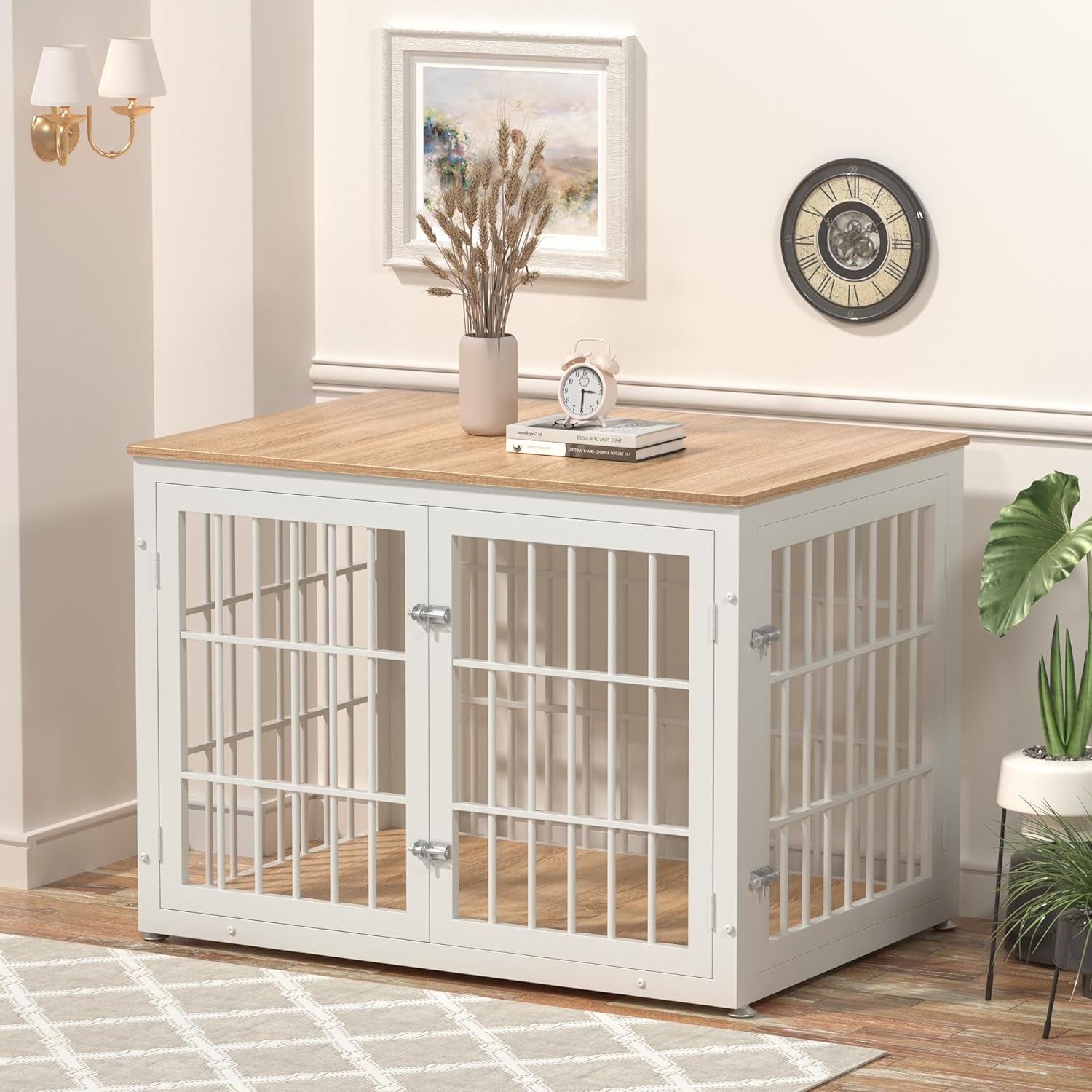 PawHaus™ XL Dog Crate Furniture – 42" Decorative Wooden Kennel & End Table (Natural/White)