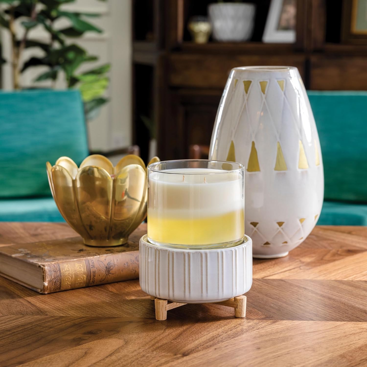 Dual Scent Warmer – Ceramic Glow with Wood Accent