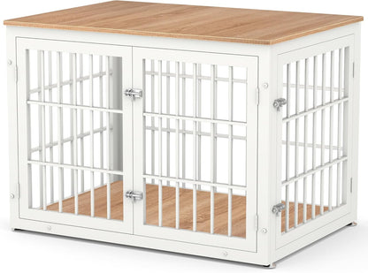 PawHaus™ XL Dog Crate Furniture – 42" Decorative Wooden Kennel & End Table (Natural/White)