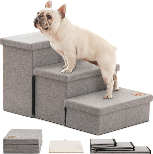 Dog Stairs for High Bed 18"H,Foldable Pet Stairs for Small Medium or Large Dogs Puppy with Storage for Bed or Couch, Cat Dog Steps Ramp with Zip up to 200 Lbs(Solid Grey,3 Steps No Condo)