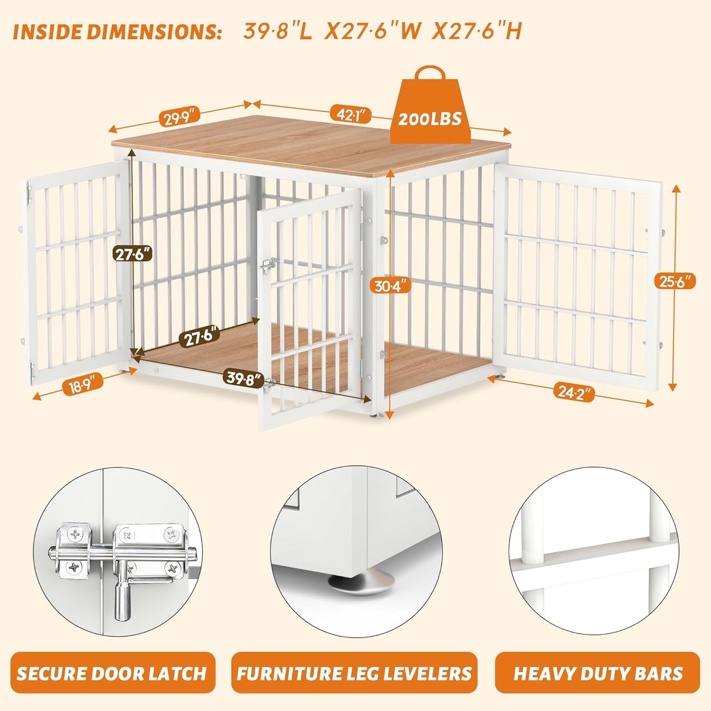 PawHaus™ XL Dog Crate Furniture – 42" Decorative Wooden Kennel & End Table (Natural/White)