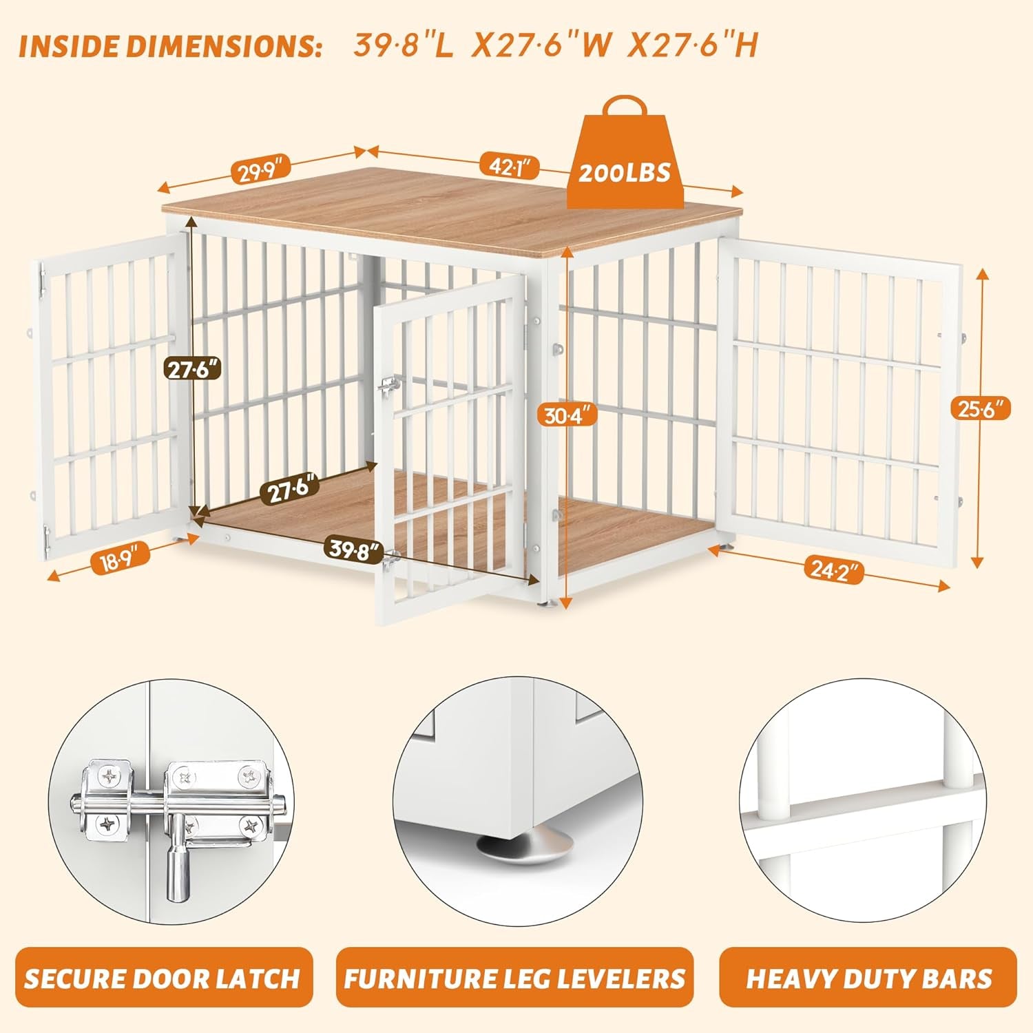 PawHaus™ XL Dog Crate Furniture – 42" Decorative Wooden Kennel & End Table (Natural/White)