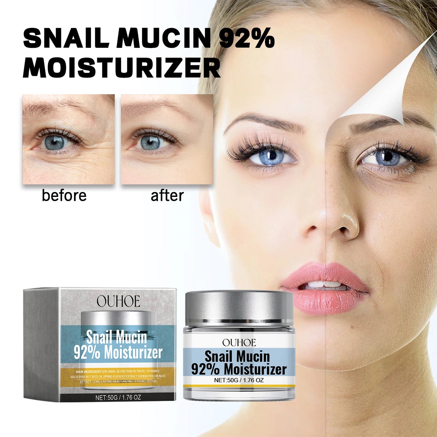 Snail Mucin 92% Hydrating & Repairing Facial Moisturizer – Firming & Whitening Skincare Cream