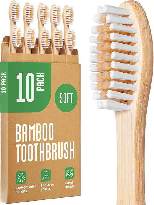 10-Pack Biodegradable Bamboo Toothbrushes – Eco-Friendly & Compostable Wooden Toothbrushes