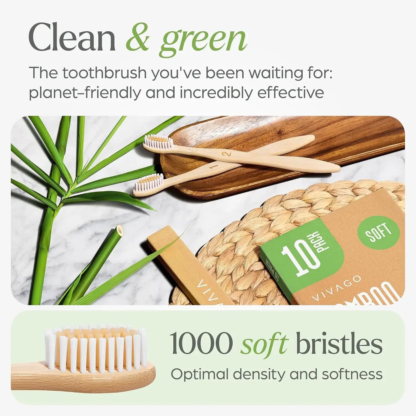 10-Pack Biodegradable Bamboo Toothbrushes – Eco-Friendly & Compostable Wooden Toothbrushes