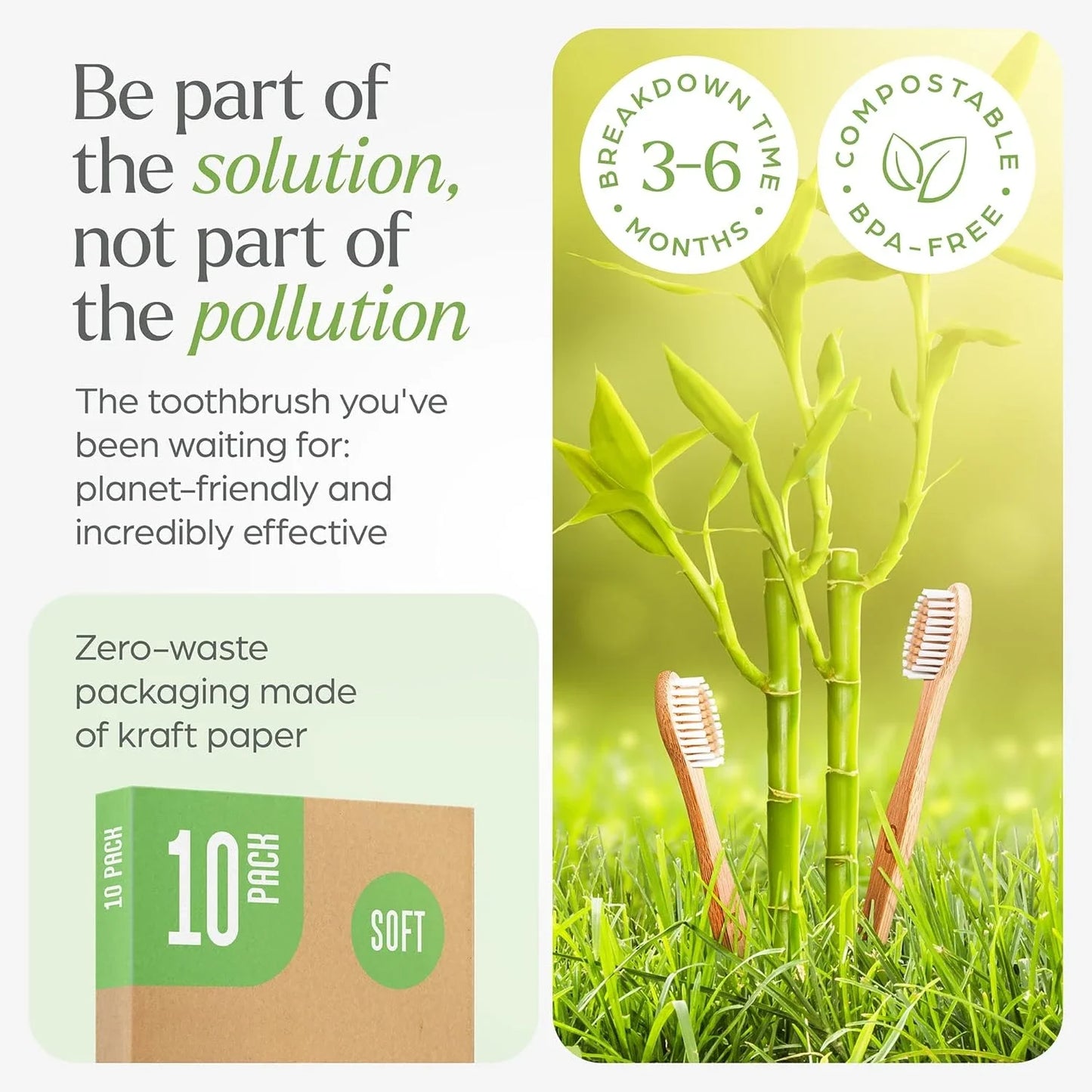 10-Pack Biodegradable Bamboo Toothbrushes – Eco-Friendly & Compostable Wooden Toothbrushes