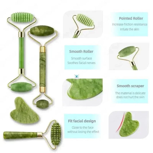 Natural Jade Roller & Gua Sha Set – Face Lifting & Anti-Wrinkle Massager