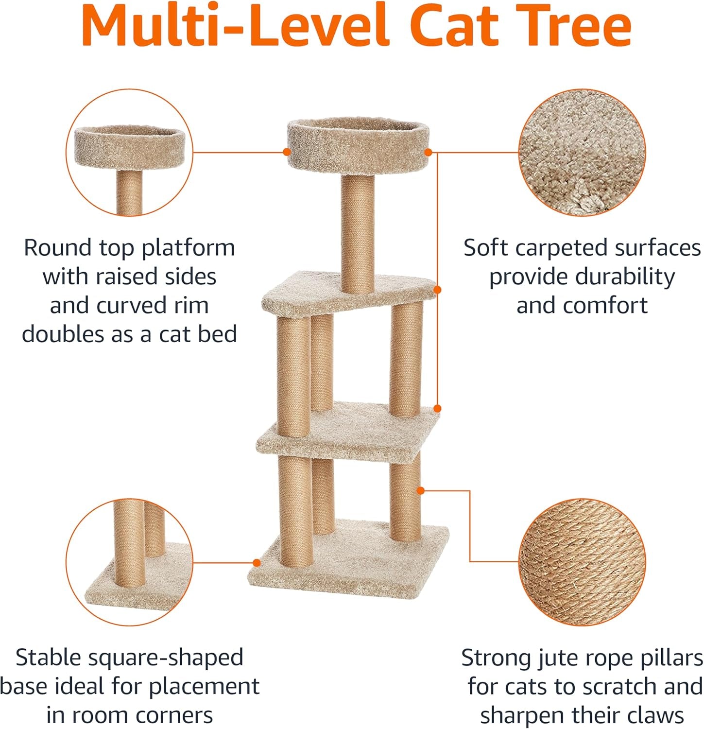 Cat Tree - Indoor Cat & Kittens Multi-Level Climbing Activity Tower with Scratching Posts, Large (45.9"H) - Beige