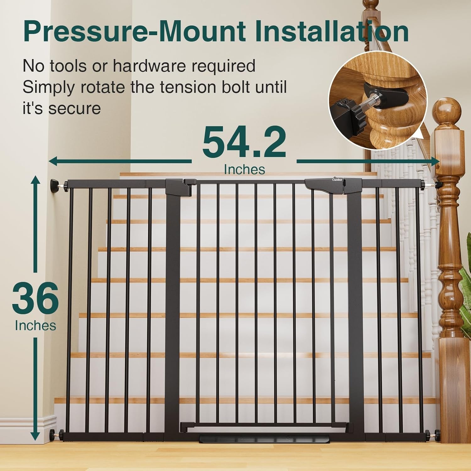 36" Extra Tall Baby Gate for Stairs, 29.7-54.2" Extra Wide Dog Gate for Doorways Hallways, Pressure Mounted Child Gate for Wide Opening, Auto Close Personal Safety for Babies and Pets, Black
