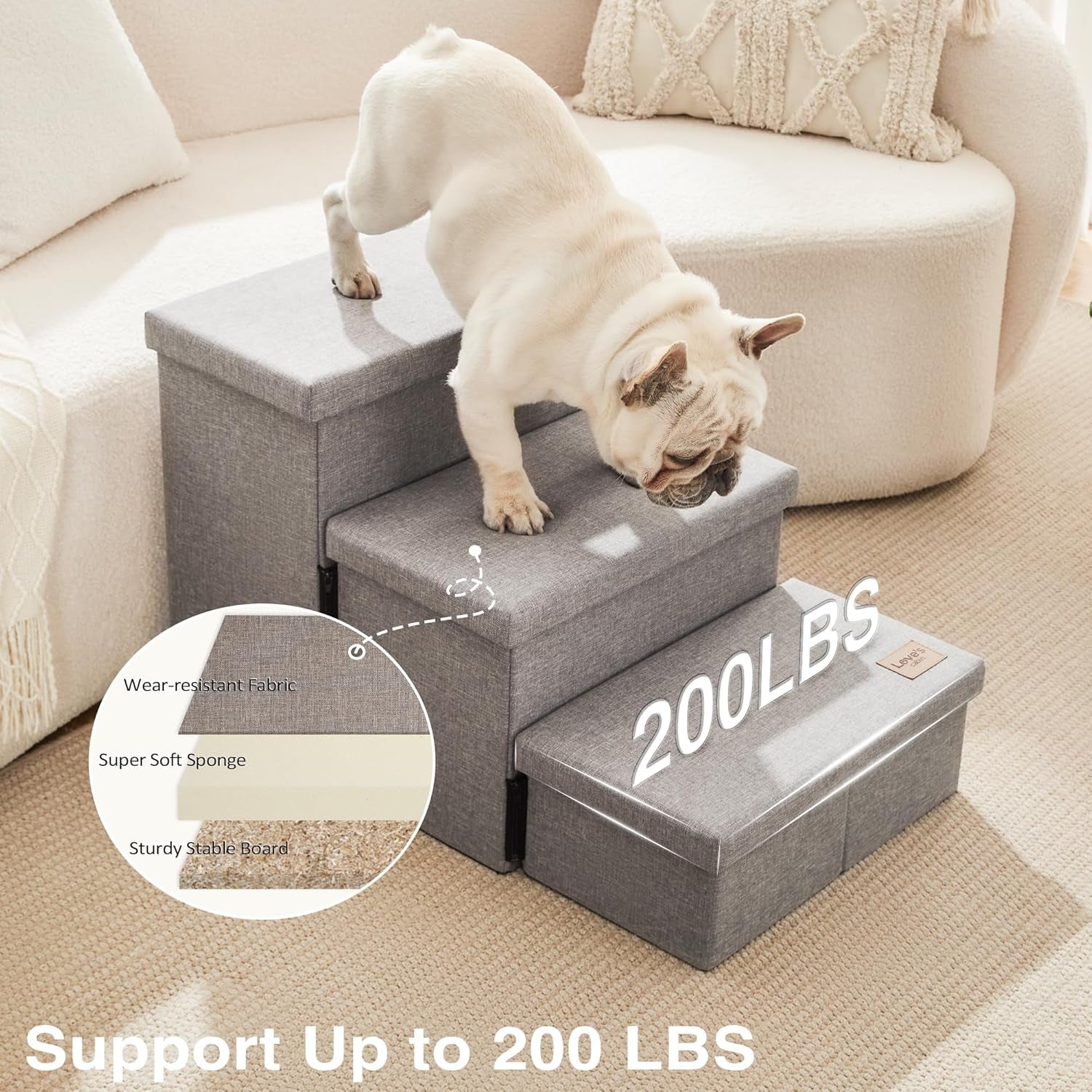 Dog Stairs for High Bed 18"H,Foldable Pet Stairs for Small Medium or Large Dogs Puppy with Storage for Bed or Couch, Cat Dog Steps Ramp with Zip up to 200 Lbs(Solid Grey,3 Steps No Condo)