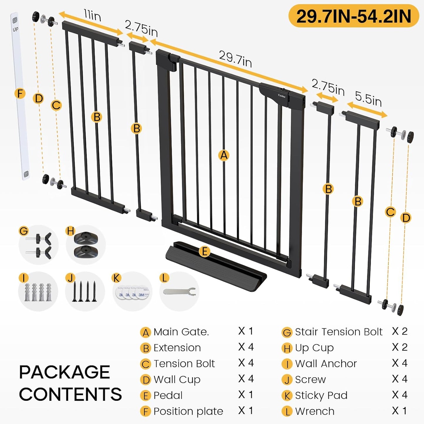 36" Extra Tall Baby Gate for Stairs, 29.7-54.2" Extra Wide Dog Gate for Doorways Hallways, Pressure Mounted Child Gate for Wide Opening, Auto Close Personal Safety for Babies and Pets, Black