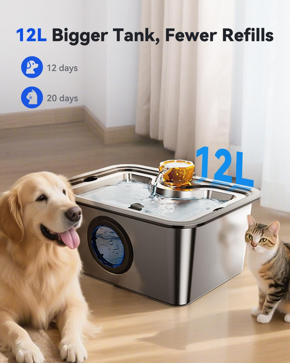 HydraFlow™ XL Pet Water Fountain – 3-Gallon Stainless Steel for Larg  ​​​​​​​​​​​​​​
