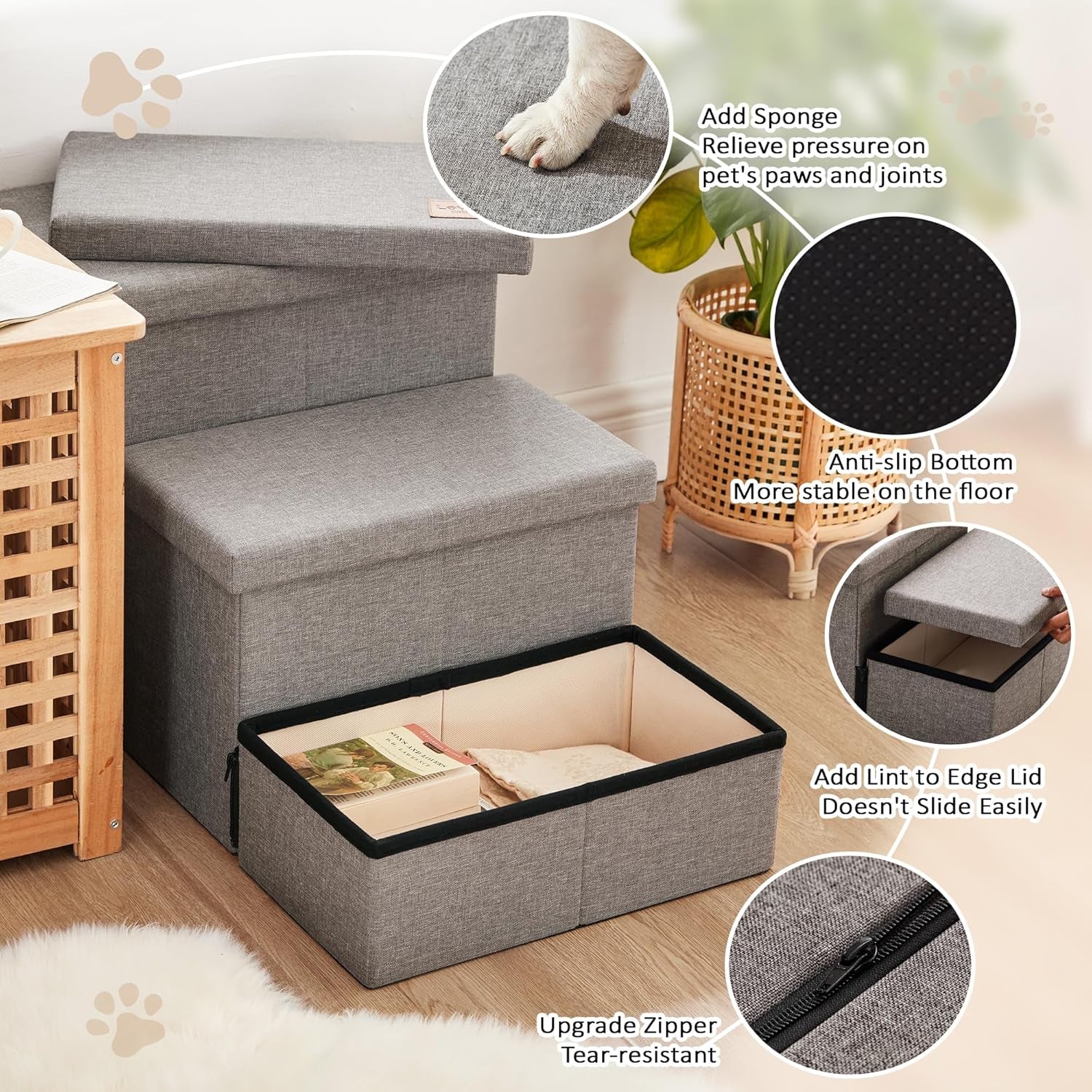 Dog Stairs for High Bed 18"H,Foldable Pet Stairs for Small Medium or Large Dogs Puppy with Storage for Bed or Couch, Cat Dog Steps Ramp with Zip up to 200 Lbs(Solid Grey,3 Steps No Condo)