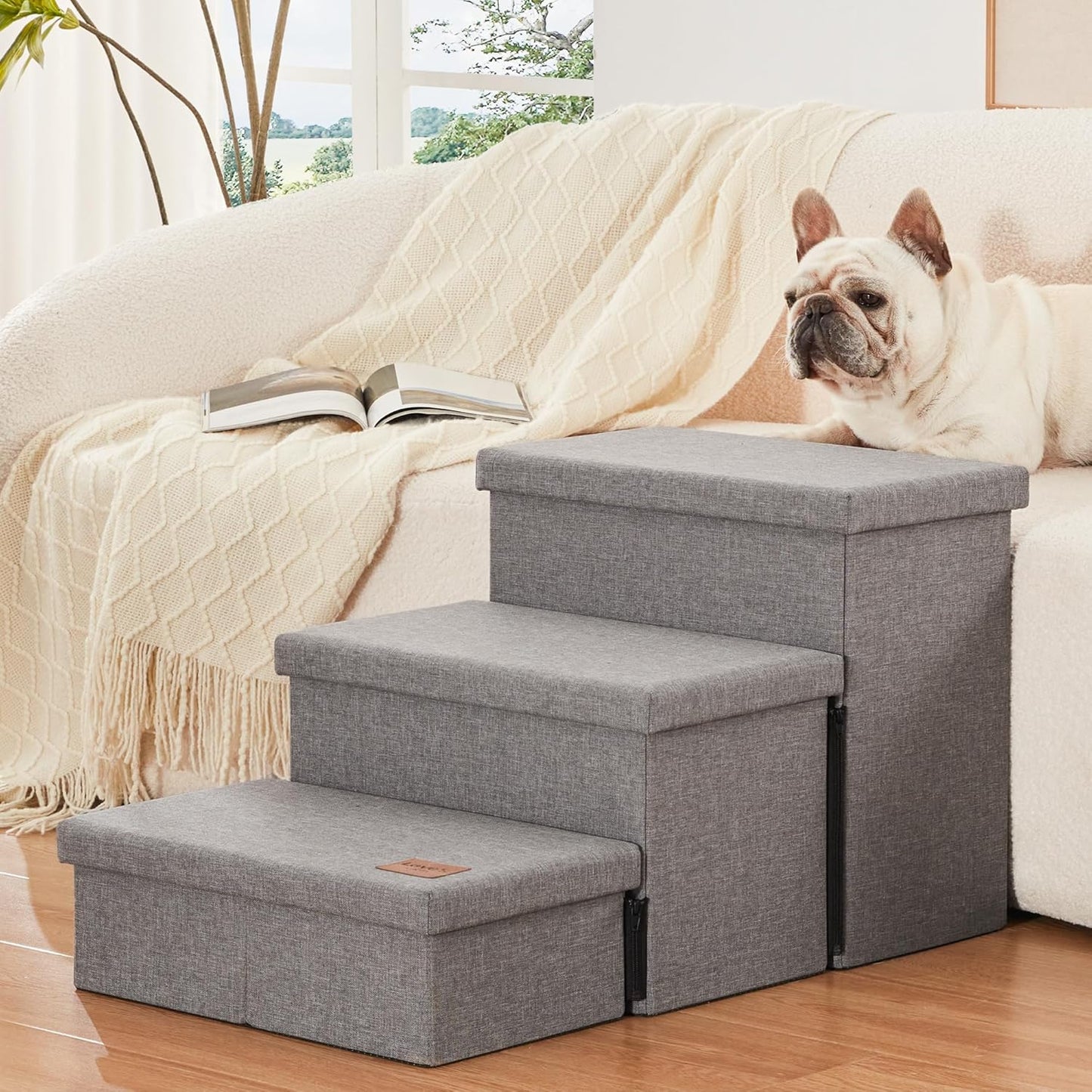 Dog Stairs for High Bed 18"H,Foldable Pet Stairs for Small Medium or Large Dogs Puppy with Storage for Bed or Couch, Cat Dog Steps Ramp with Zip up to 200 Lbs(Solid Grey,3 Steps No Condo)